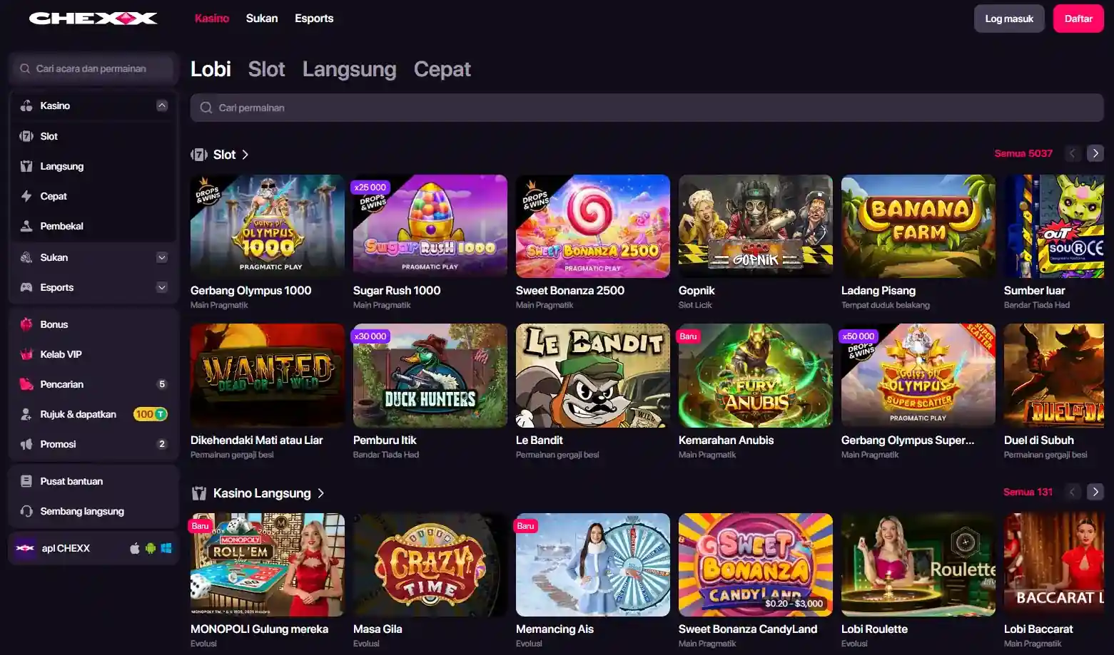 Lobi slot CHEXX dengan kategori dan grid permainan