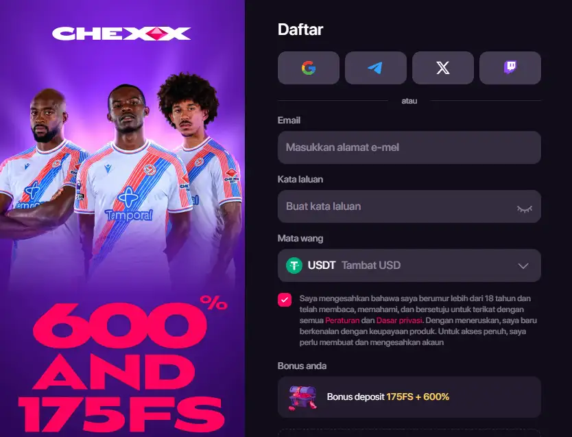 Pilihan pendaftaran atau panel KYC CHEXX