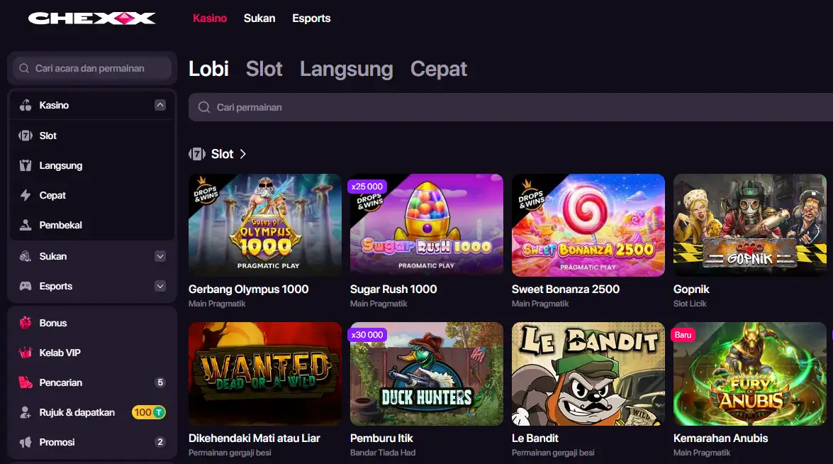 Lobi permainan CHEXX sebenar dengan kategori katalog